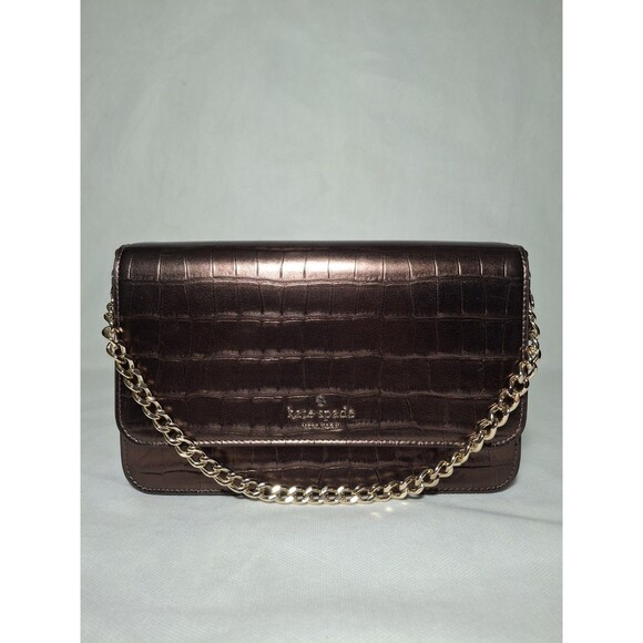 Kate Spade Madison Croc Embossed Willow Medium Convertible Crossbody Brown - Picture 2 of 9